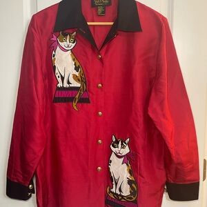 Bob Mackie Wearable Art Cat
Embroidered Silk Blouse Red Black
Button-Up M